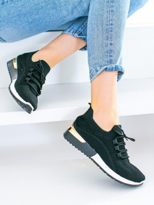 Czarne buty sportowe sneakersy damskie z złotą wstawką w pięcie