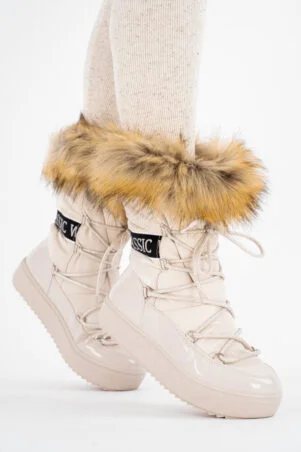Beżowe buty śniegowce eskimoski damskie z futrem