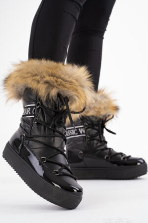 Czarne buty śniegowce eskimoski damskie z futrem