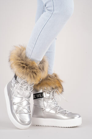 Srebrne buty śniegowce eskimoski damskie z futrem